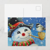 Carte Postale Winter Snowman et Chickadee Bird Aquarelle Art (Devant / Derrière)