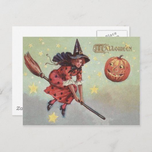 Carte Postale Witch Broom Jack-o'-lantern Flying Stars (Devant / Derrière)