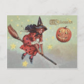 Carte Postale Witch Broom Jack-o'-lantern Flying Stars (Devant)