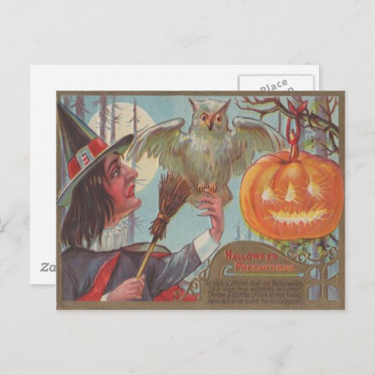 Carte Postale Witch Broom Jack-o'-lantern Owl Moon (Devant / Derrière)