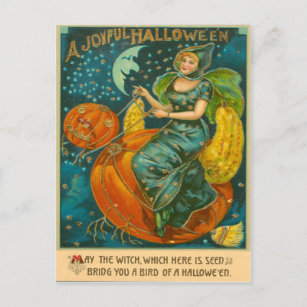 Carte Postale Witch Jack-o'-lantern Bird Citrouille Crescent Moo