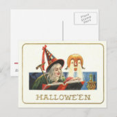Carte Postale Witch Reading Jack-o'-lantern Citrouille (Devant / Derrière)