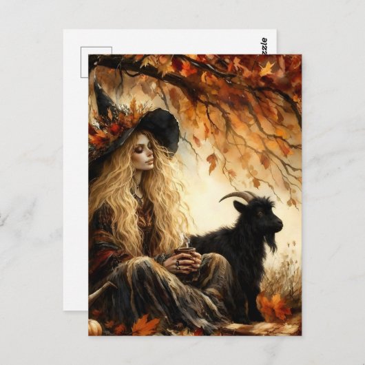 Carte Postale Witch With Coffee and Her Pet Black Goat in Autumn (Devant / Derrière)