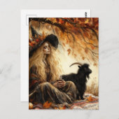 Carte Postale Witch With Coffee and Her Pet Goat in Autumn (Devant / Derrière)