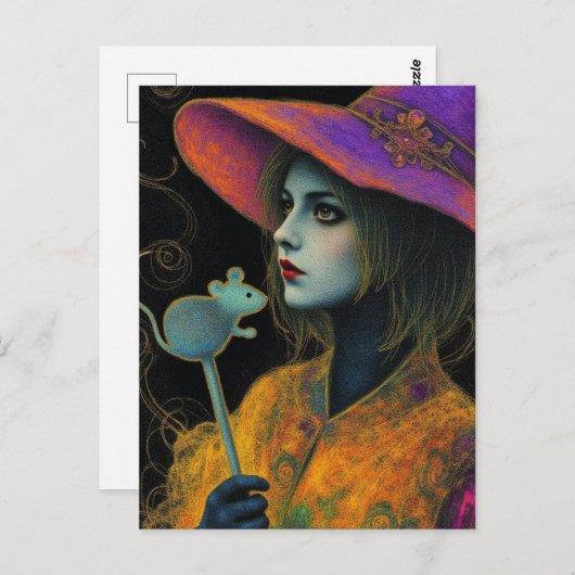 Carte Postale Witch With Mouse Wand (Devant / Derrière)