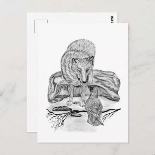 Carte Postale Wolf and Raven black and white design (Devant / Derrière)