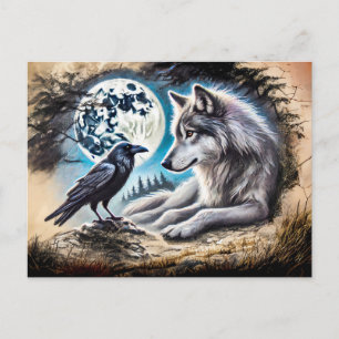 Carte Postale Wolf and Raven on Rock at Full Moon
