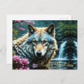 Carte Postale Wolf debout dans la rivière avec des fleurs Annive (Devant / Derrière)