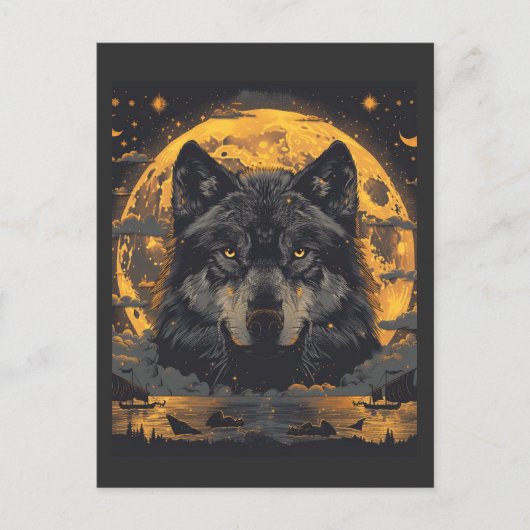 Carte postale Wolf Design avec pleine lune étoiles (Devant)