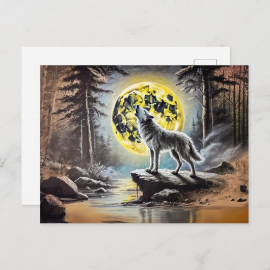 Carte Postale Wolf Howling à la Pleine lune (Devant / Derrière)