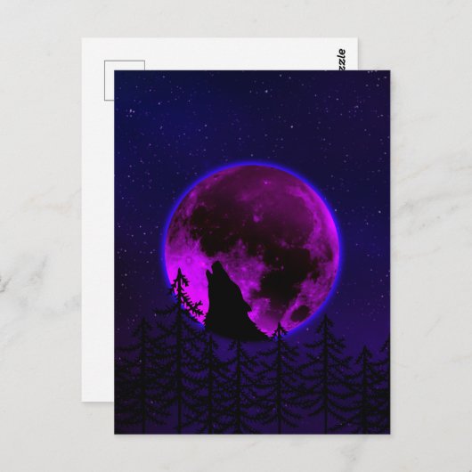 CARTE POSTALE WOLF HOWLING LUNE MAGENTA (Devant / Derrière)