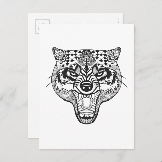 Carte Postale Wolf inspiré par Zentangle (Devant / Derrière)