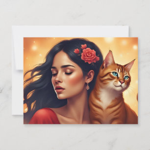 Carte Postale Woman and Her Cat Art pour les Amoureux de les cha