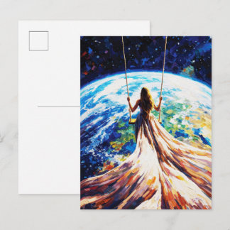 Carte Postale Woman on Swing Over Earth Impasto Oil Painting