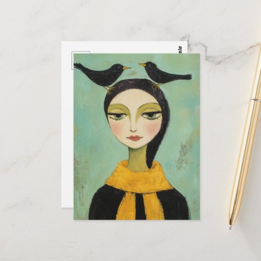 Carte Postale Woman with Two Black Birds (Devant/Arrière en situation)