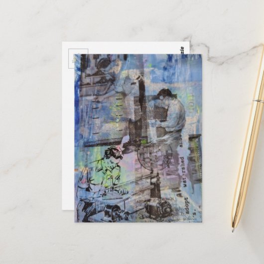 Carte Postale Woodworking Retro Men on a Blue Background (Devant/Arrière en situation)