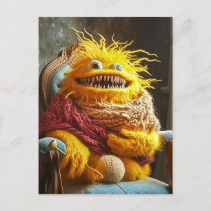 Carte Postale Wool monster crocheting in a chair. Funny (homonym