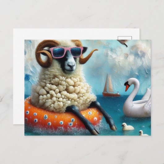 Carte Postale Wooly Sheep aime Flotter dans un lac (Devant / Derrière)