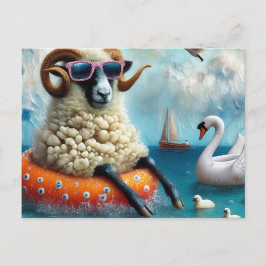 Carte Postale Wooly Sheep aime Flotter dans un lac (Devant)