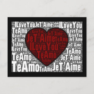 Carte Postale Word Art : "Je t'aime" 3 langues - Coeur rouge
