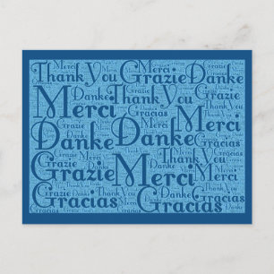Carte Postale Word Art : Merci en plusieurs langues - Bleu Aqua