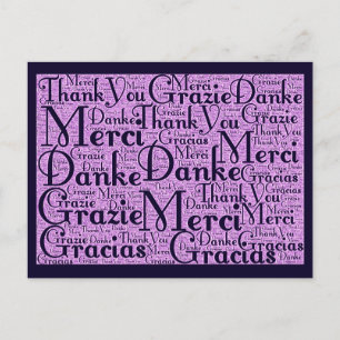 Carte Postale Word Art : Merci en plusieurs langues - Rose Navy