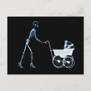 CARTE POSTALE X-RAY SKELETON WOMAN & BABY CARRIAGE - BLUE