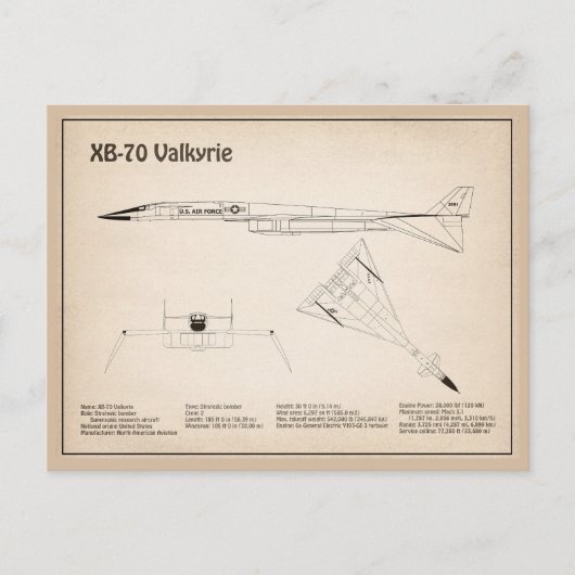 Carte Postale XB-70 Valkyrie - Plans de conception d'avion SD (Devant)