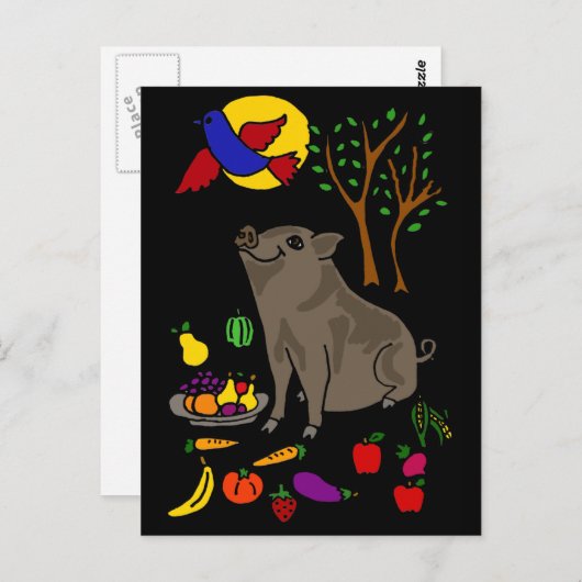 Carte Postale XX- Pot Bellied Pig and Fruit Folk Art Design (Devant / Derrière)