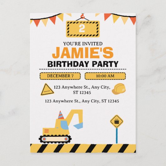 Carte Postale Yellow Cute Construction Truck Boys 2nd Birthday (Devant)