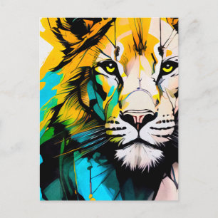 Carte Postale Yeux piercing bleu et jaune Lion colorés 5x7"