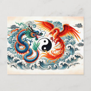 Carte Postale Yin et Yang Dragon et Phoenix dans le style art as