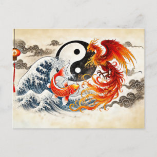 Carte Postale Yin et Yang Koi et Phoenix en style art asiatique