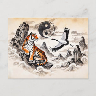Carte Postale Yin et Yang Tiger et grue en style art asiatique