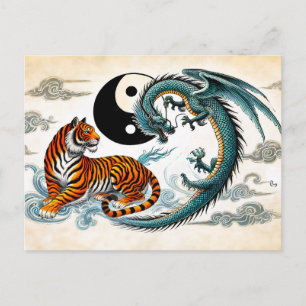 Carte Postale Yin et Yang Tigre et Dragon dans le style d'art as