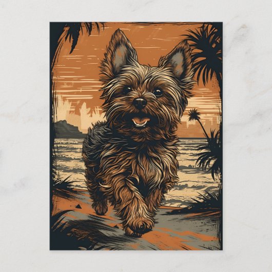 Carte Postale Yorkshire-terrier à la plage (Devant)