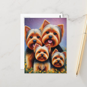 Carte Postale Yorkshire Terrier Puppy Famille Portrait coloré