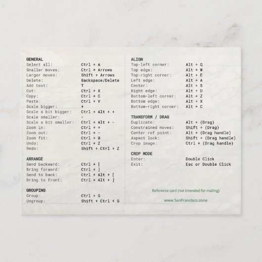 Carte Postale Zazzle Designer Keyboard Shortcuts Reference Card (Dos)