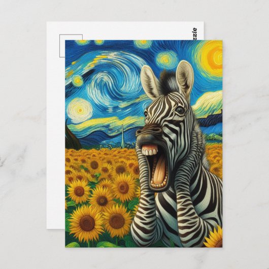 Carte Postale Zebra hurle dans un champ de tournesol de Faux Van (Devant / Derrière)