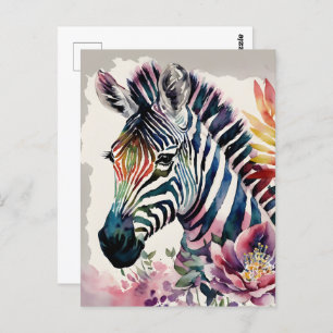 Carte Postale Zebra Portrait Floral Aquarelle Art