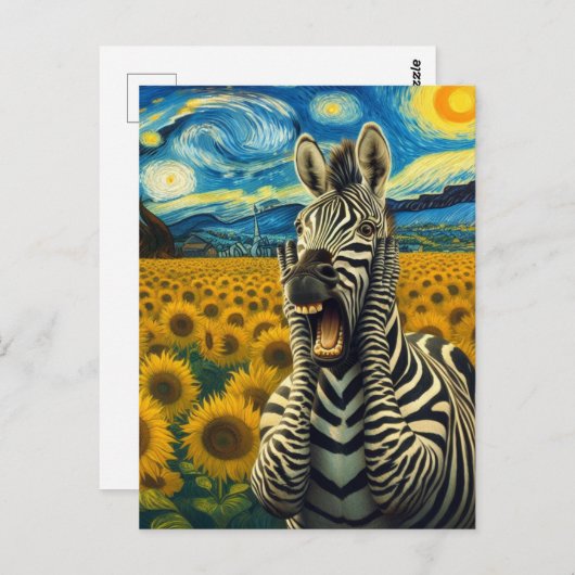Carte Postale Zèbre hurle dans un champ de tournesols (Devant / Derrière)