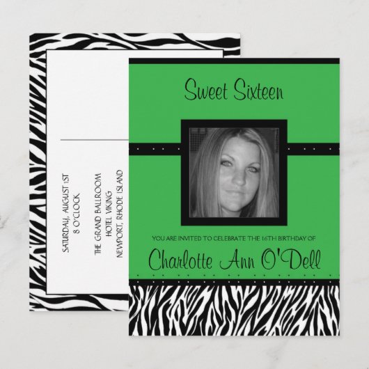 Carte Postale zèbre ; invitation d'anniversaire (Devant / Derrière)