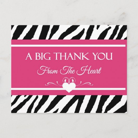 Carte Postale Zèbre rose et noir Merci d'impression du coeur (Devant)