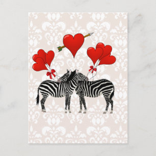 Carte Postale Zèbres et coeurs sur damas rose