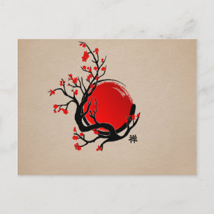 Carte Postale Zen Enso Circle, Sun and Red Sakura Blossom