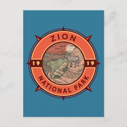 Carte Postale Zion National Park Bighorn Mouton Retro Compas (Devant)