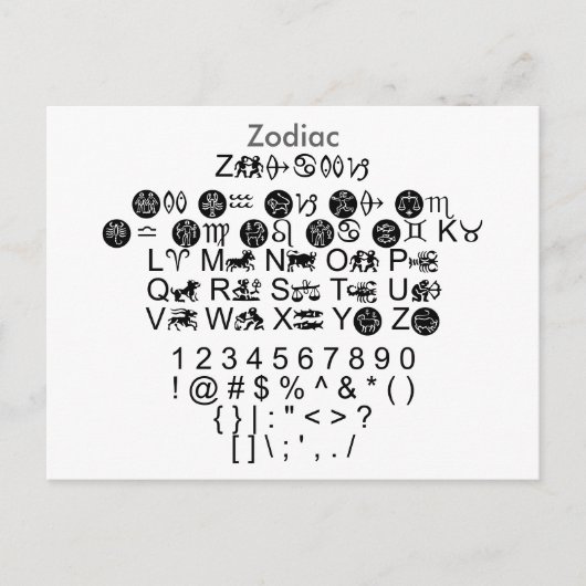 Carte Postale Zodiac - Feuille d'échantillonnage de police Zazzl (Devant)