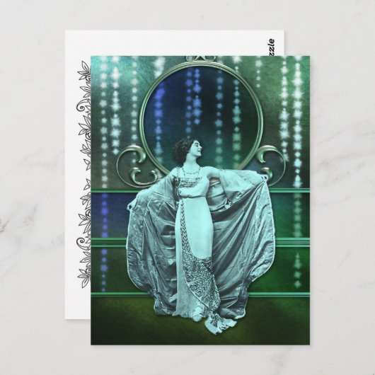 Carte Postale Zohara : Une femme Art Déco en Aqua & Green (Devant / Derrière)