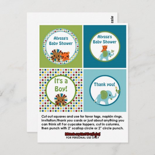 Carte Postale ZOO Baby shower Cupcake Topper APK (Devant / Derrière)