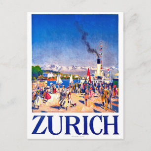 Carte Postale Zurich, navire touristique sur le quai de la ville
